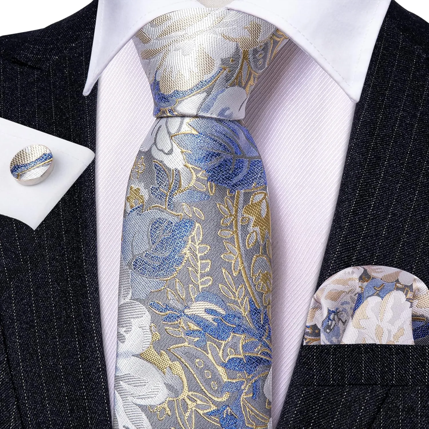 Barry.Wang Men Ties Paisley Woven Silk Necktie Set with Pocket Suqare Cufflinks Formal