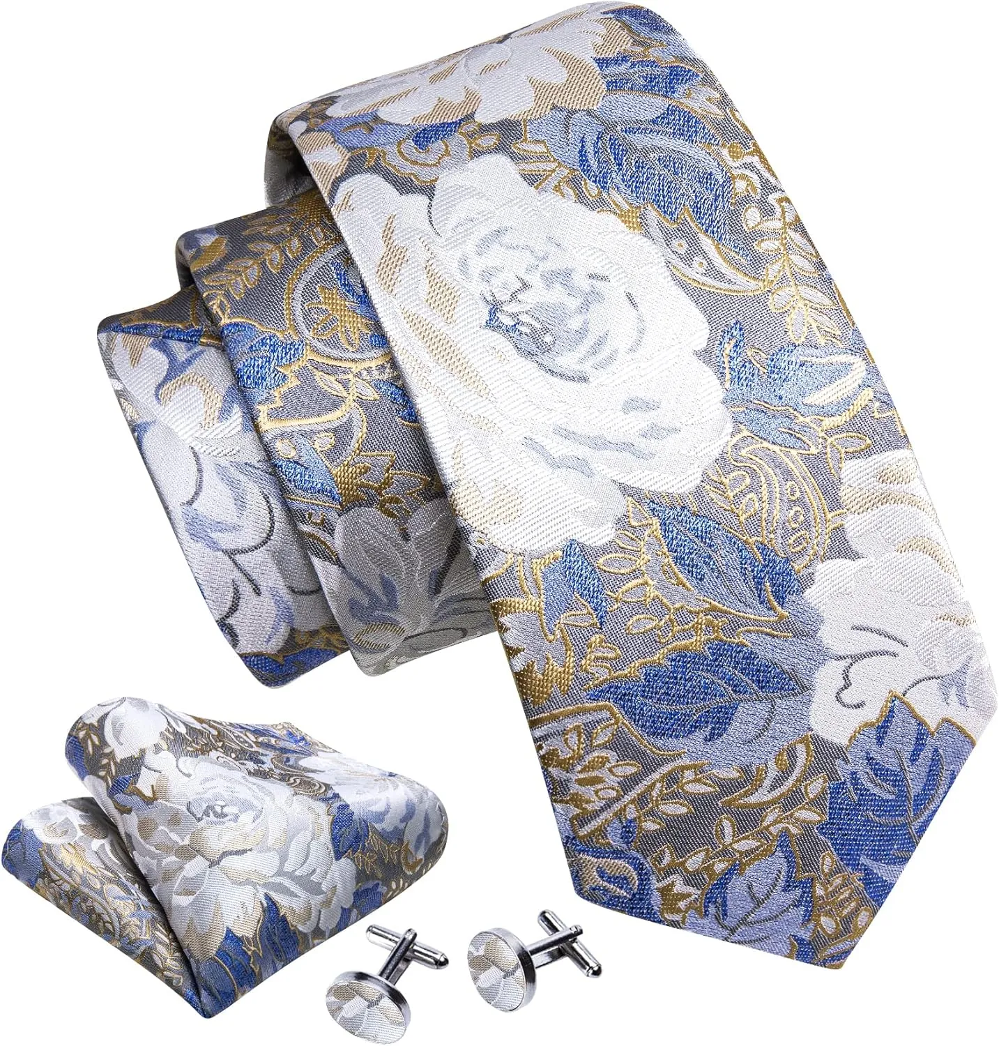 Barry.Wang Men Ties Paisley Woven Silk Necktie Set with Pocket Suqare Cufflinks Formal