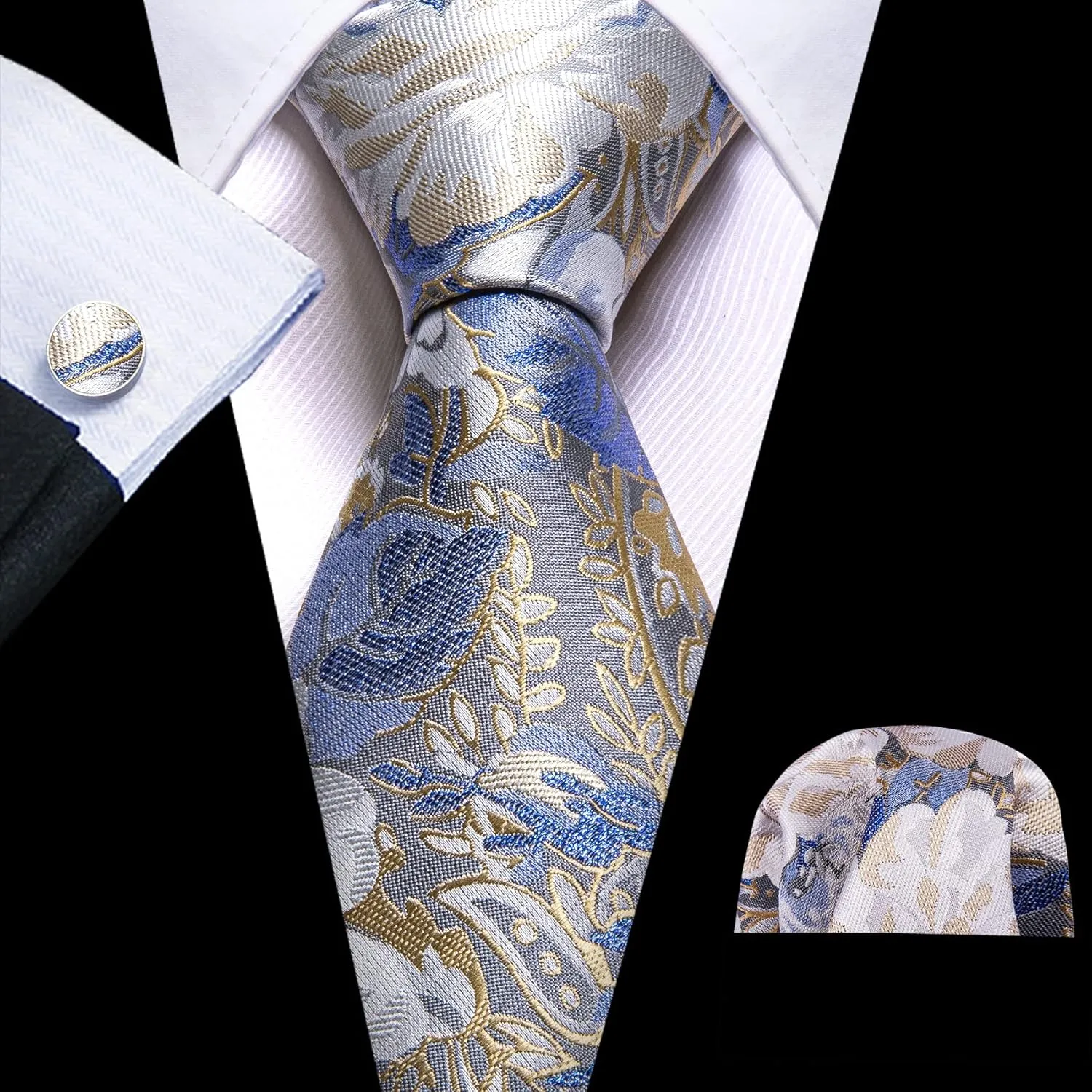 Barry.Wang Men Ties Paisley Woven Silk Necktie Set with Pocket Suqare Cufflinks Formal