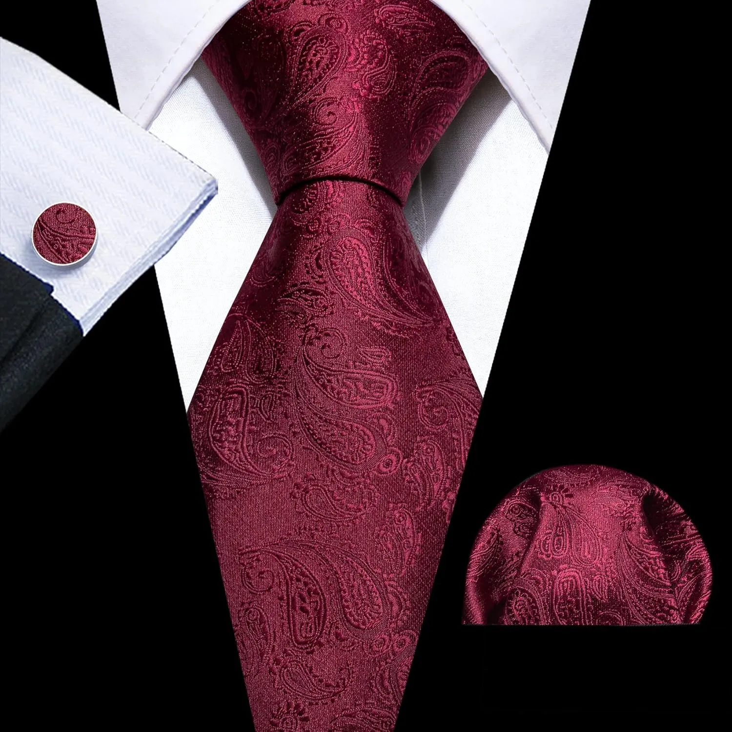 Barry.Wang Men Ties Paisley Woven Silk Necktie Set with Pocket Suqare Cufflinks Formal
