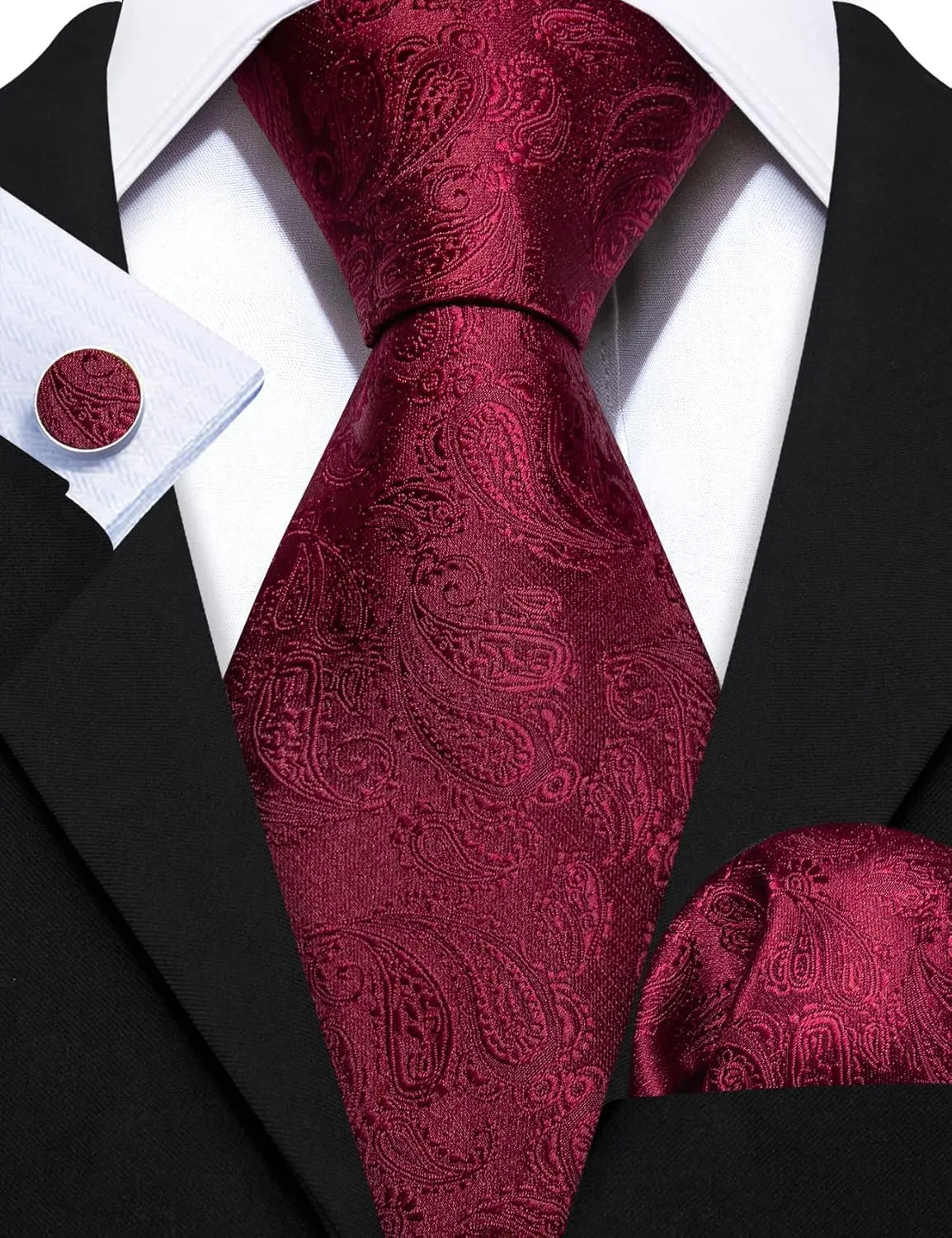 Barry.Wang Men Ties Paisley Woven Silk Necktie Set with Pocket Suqare Cufflinks Formal
