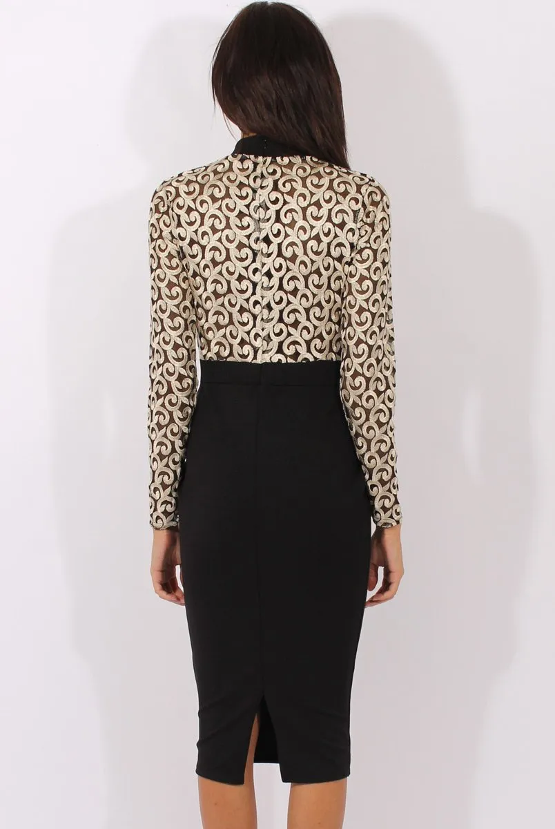 Black & Gold Mesh Top Embroidered Midi Dress - Louiza