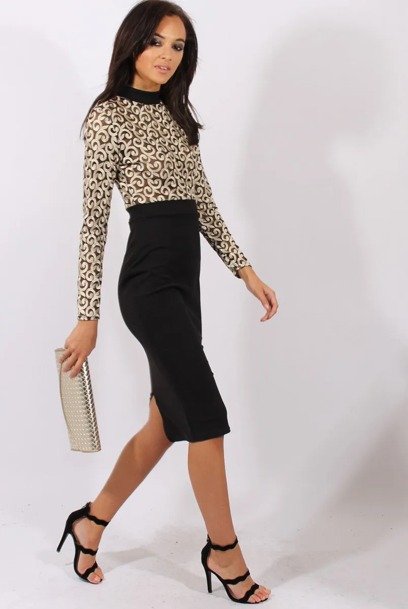 Black & Gold Mesh Top Embroidered Midi Dress - Louiza