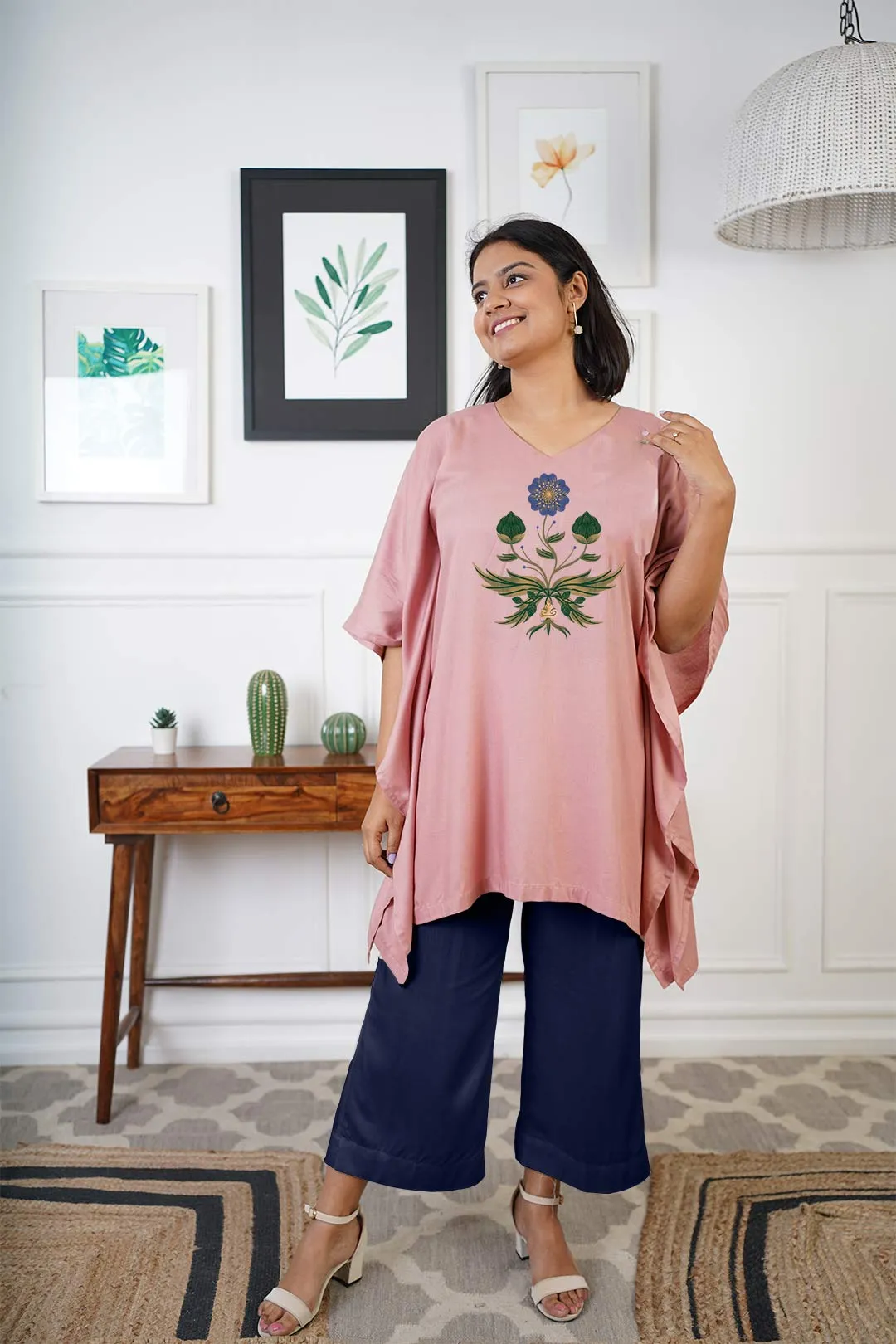 Blush Rayon Kurti & Navy Palazzo - Gulshena