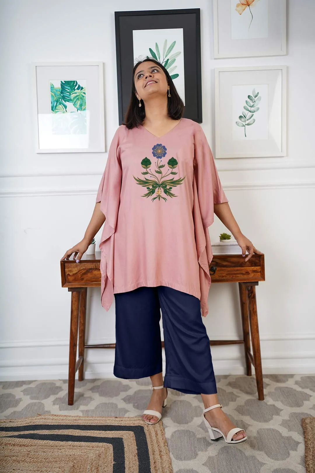 Blush Rayon Kurti & Navy Palazzo - Gulshena