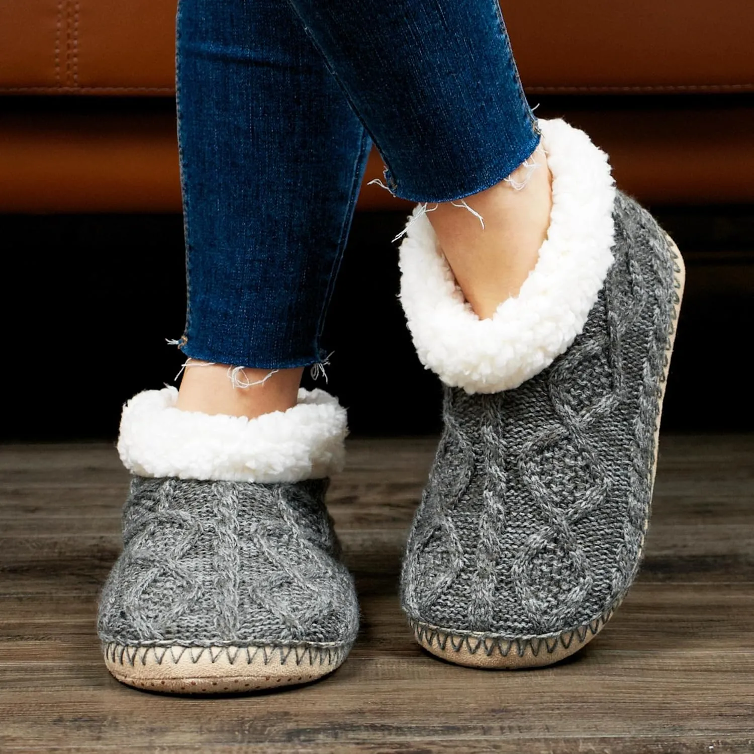 Cable Knit House Slippers for Women Indoor, Sherpa Fleece Lined Soft Loafer Shoes, Winter Warm Fluffy Bedroom Fuzzy Socks Non-slip Grippers, Cozy Gifts Unique