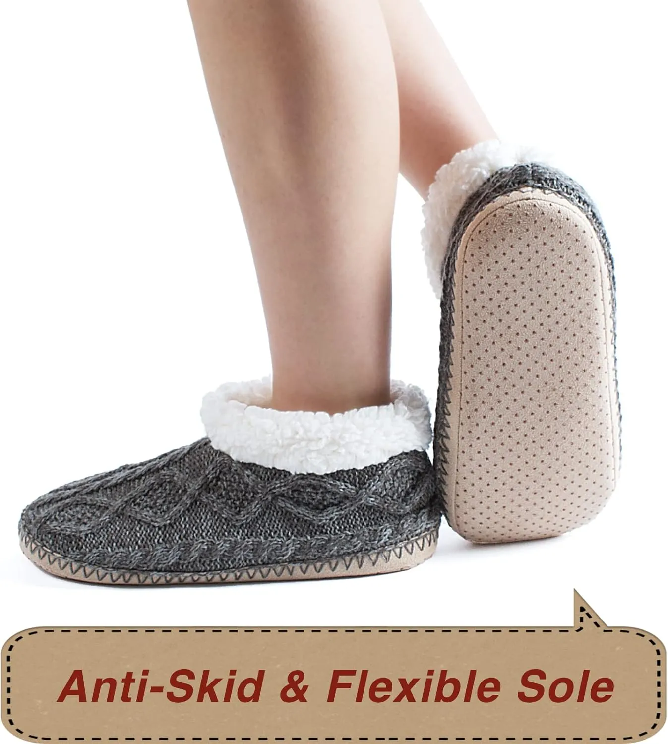 Cable Knit House Slippers for Women Indoor, Sherpa Fleece Lined Soft Loafer Shoes, Winter Warm Fluffy Bedroom Fuzzy Socks Non-slip Grippers, Cozy Gifts Unique