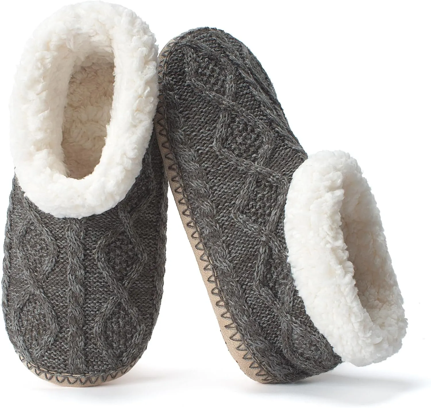 Cable Knit House Slippers for Women Indoor, Sherpa Fleece Lined Soft Loafer Shoes, Winter Warm Fluffy Bedroom Fuzzy Socks Non-slip Grippers, Cozy Gifts Unique