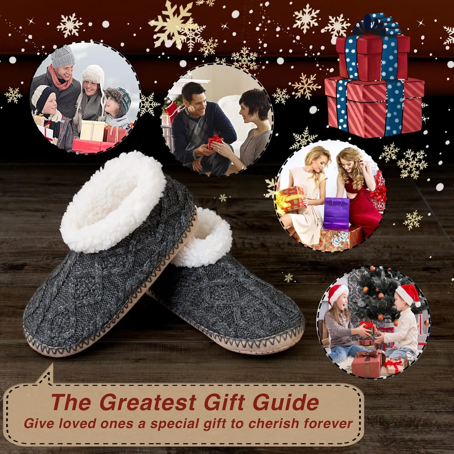 Cable Knit House Slippers for Women Indoor, Sherpa Fleece Lined Soft Loafer Shoes, Winter Warm Fluffy Bedroom Fuzzy Socks Non-slip Grippers, Cozy Gifts Unique