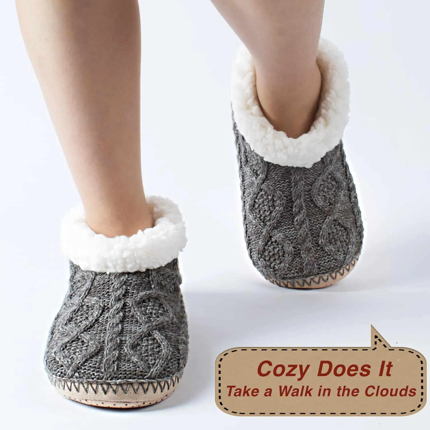 Cable Knit House Slippers for Women Indoor, Sherpa Fleece Lined Soft Loafer Shoes, Winter Warm Fluffy Bedroom Fuzzy Socks Non-slip Grippers, Cozy Gifts Unique