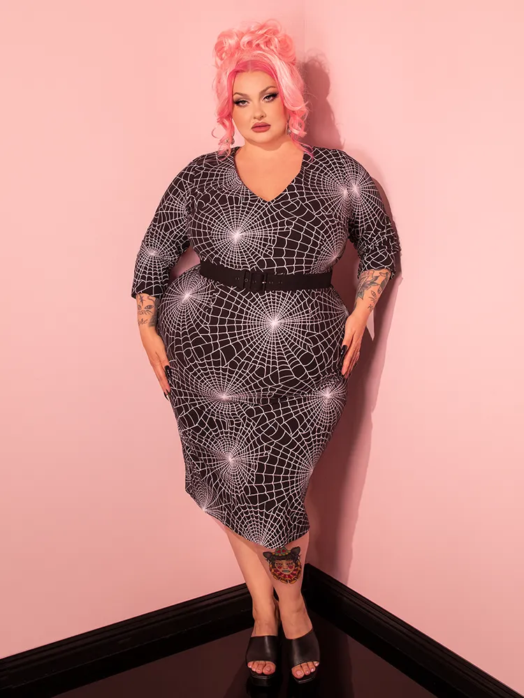 Deadly Wiggle Dress in Vintage Spider Web Print - Vixen by Micheline Pitt