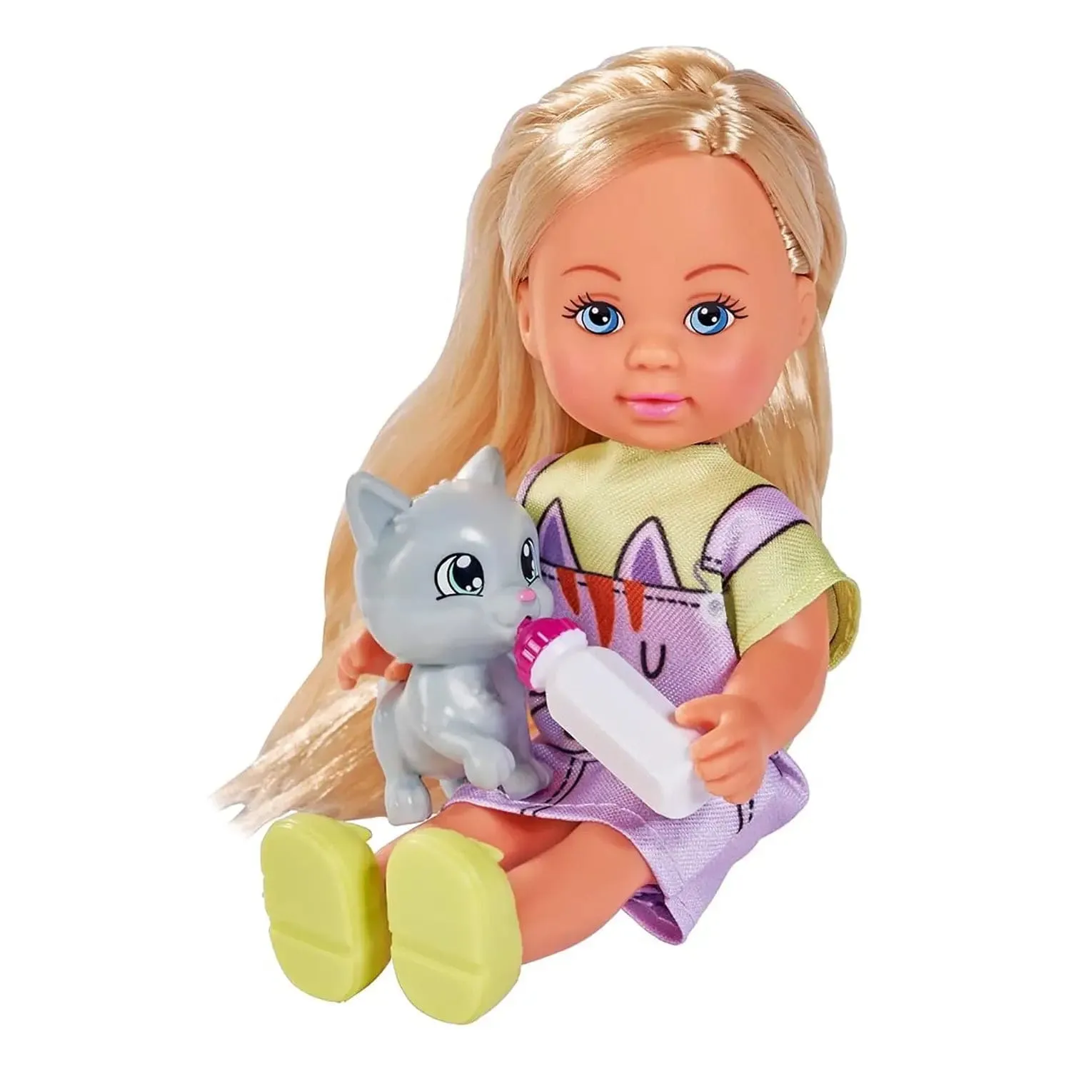 Evi Love Kitty Play Set Fashion Doll Grey Kitten Baby Bottle