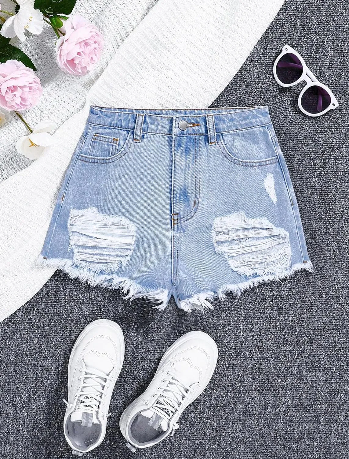 Girls Jean Shorts Ripped Raw Hem High Waist Cute Summer Y2K Distressed Denim Shorts for Teen Girls 8-14Y