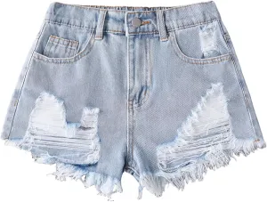 Girls Jean Shorts Ripped Raw Hem High Waist Cute Summer Y2K Distressed Denim Shorts for Teen Girls 8-14Y