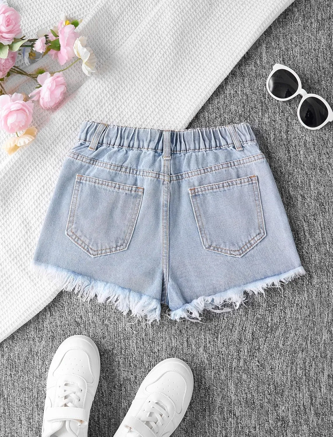 Girls Jean Shorts Ripped Raw Hem High Waist Cute Summer Y2K Distressed Denim Shorts for Teen Girls 8-14Y