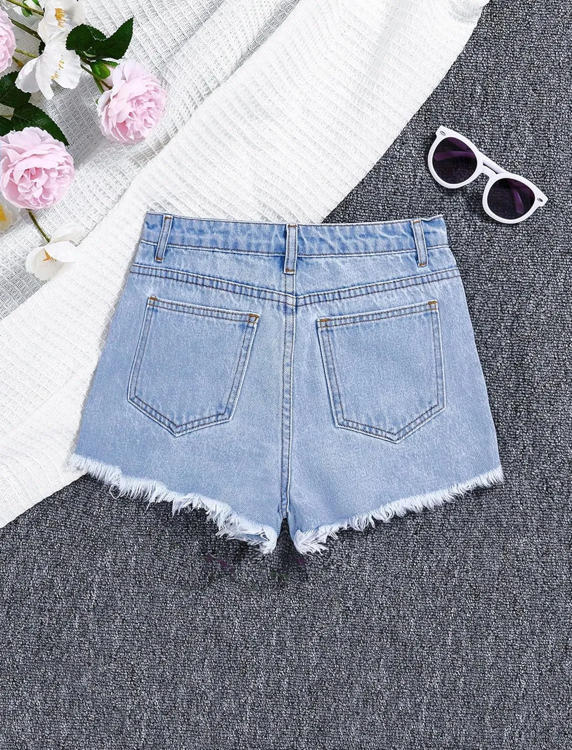 Girls Jean Shorts Ripped Raw Hem High Waist Cute Summer Y2K Distressed Denim Shorts for Teen Girls 8-14Y