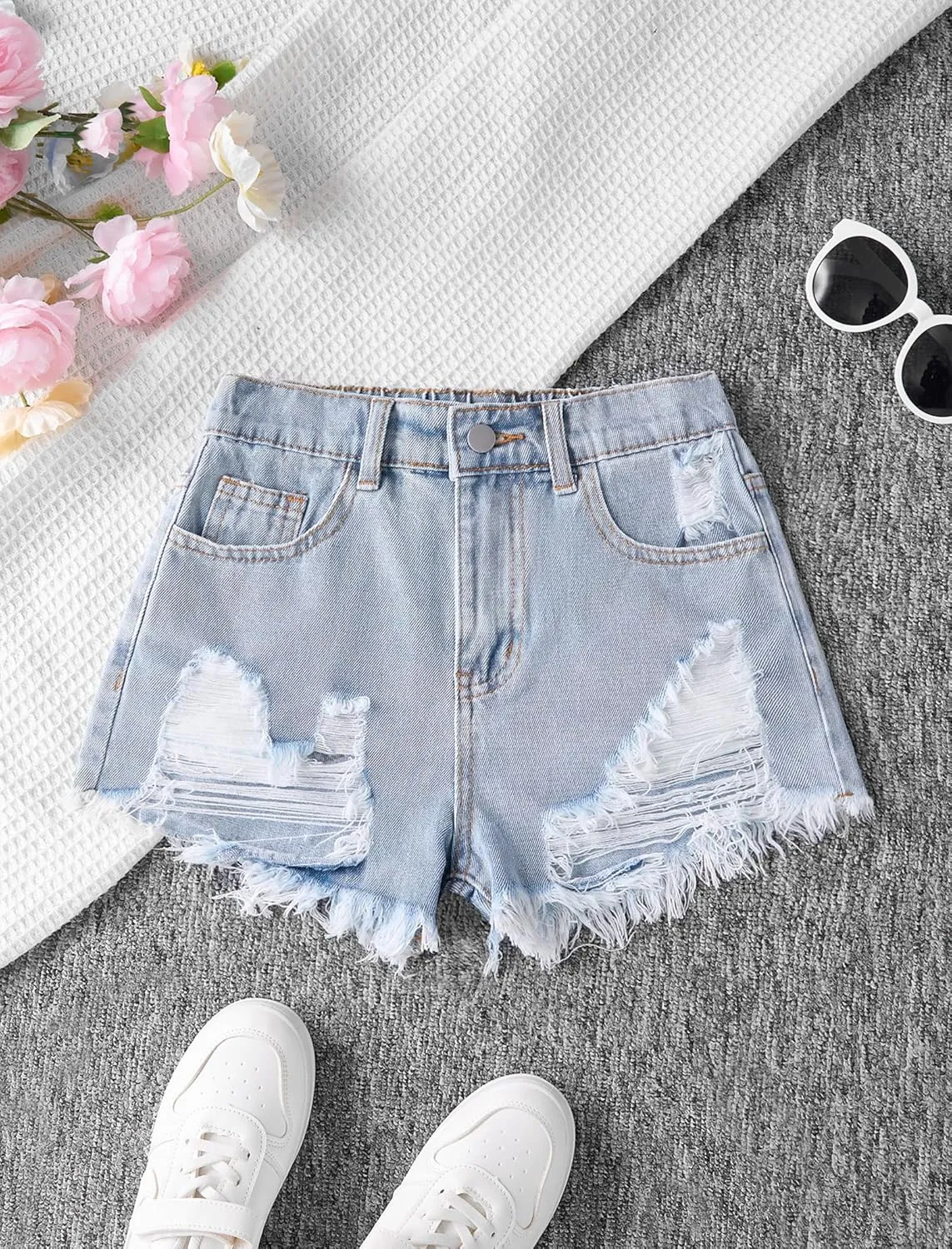 Girls Jean Shorts Ripped Raw Hem High Waist Cute Summer Y2K Distressed Denim Shorts for Teen Girls 8-14Y