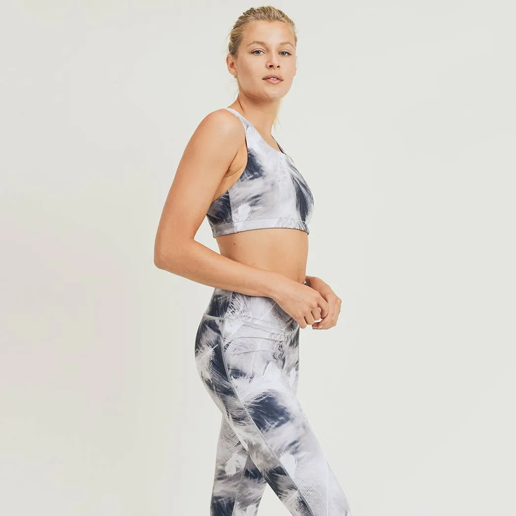 Mono B White Feather Print Sports Bra and Leggings