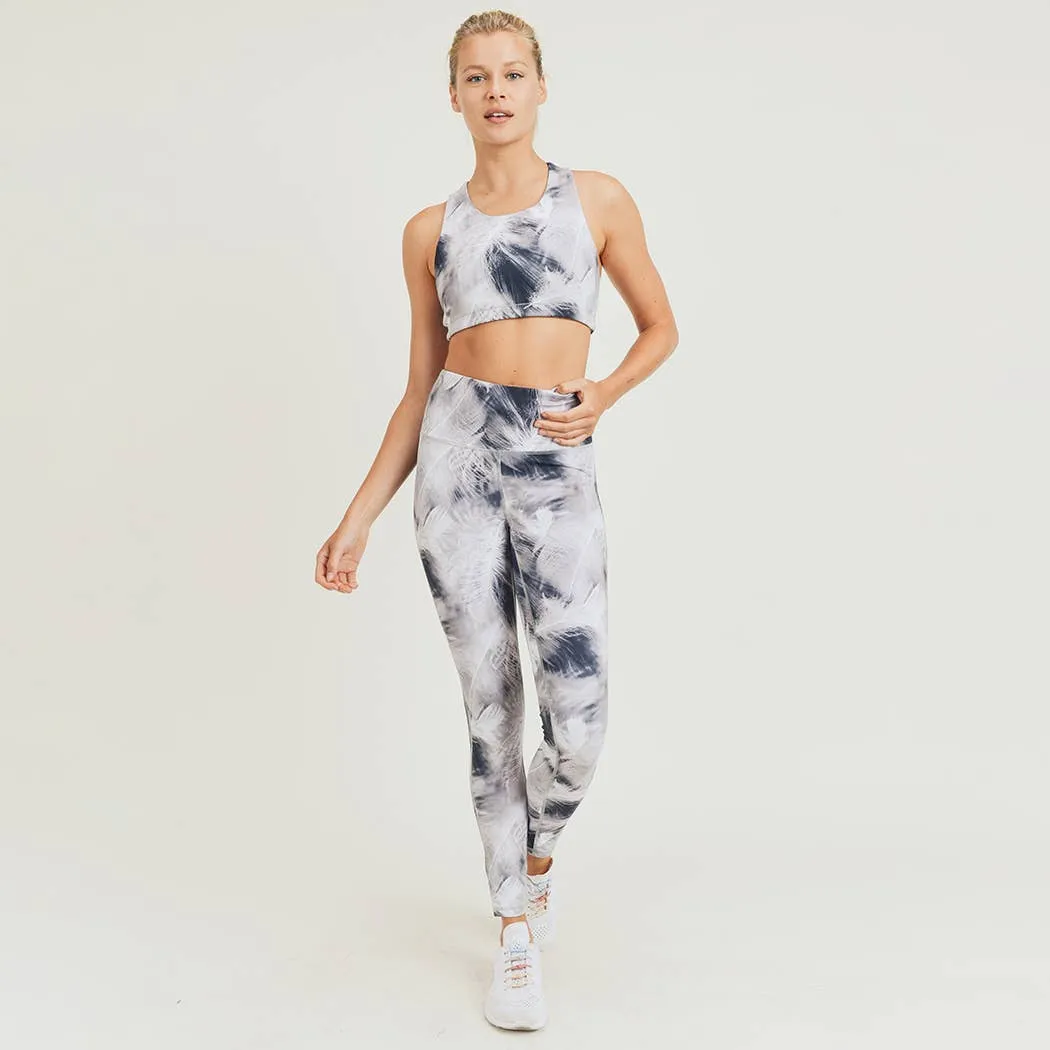 Mono B White Feather Print Sports Bra and Leggings