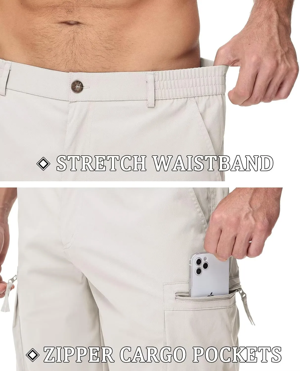 QPNGRP Men's 9" Inseam Stretch Waist Zipper Cargo Shorts with 6 Pockets