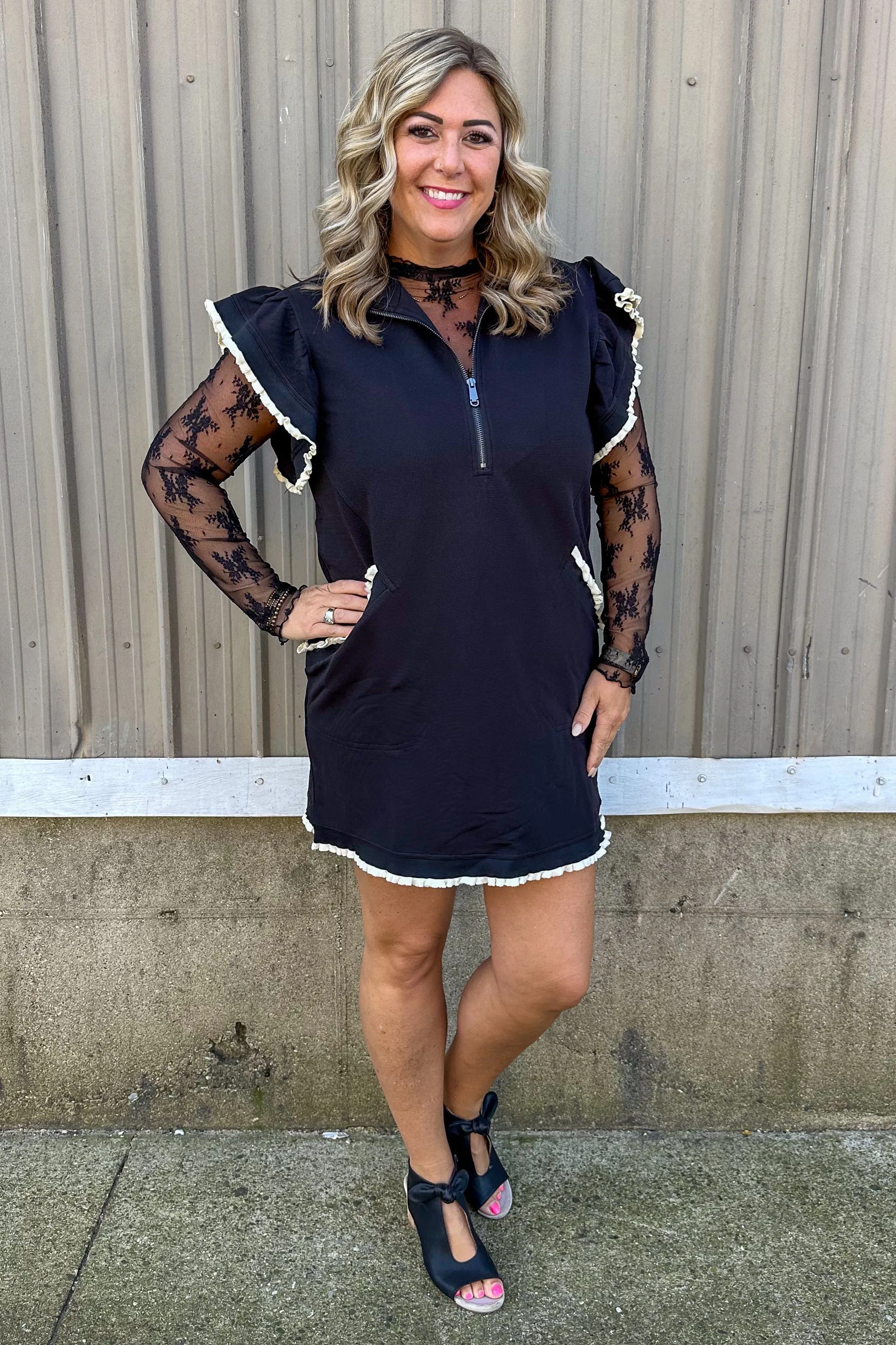 Quarter Zip Ruffle Shoulder Dress