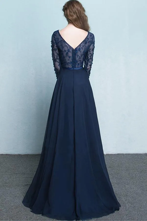 Scoop Chiffon Neck Long Sleeves Beading Evening Dress Prom Dress PG322