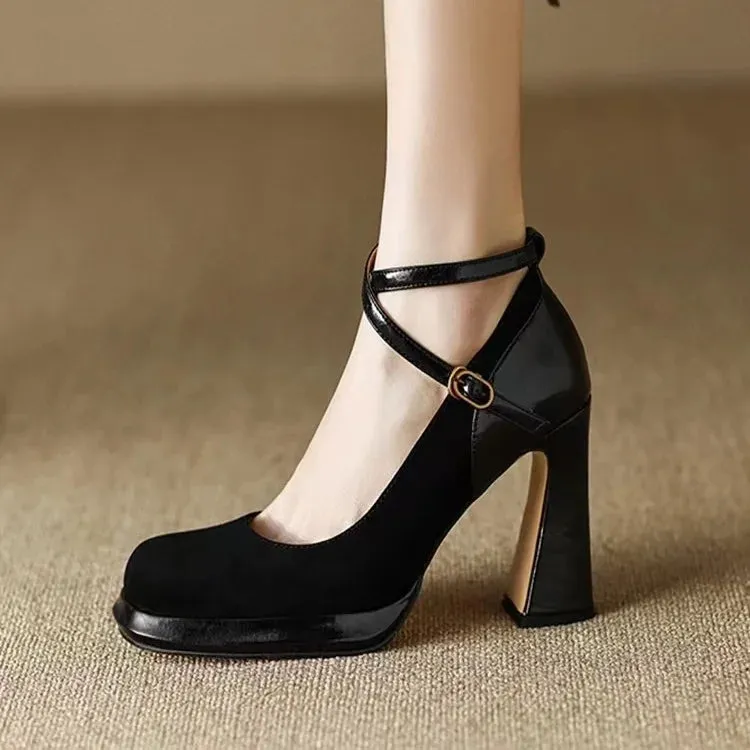 Vintage High Heels Mary Jane Shoes for Women Fashion Platform Pumps Woman Goth Buckle Strap Thick-Heeled Party Shoes Female