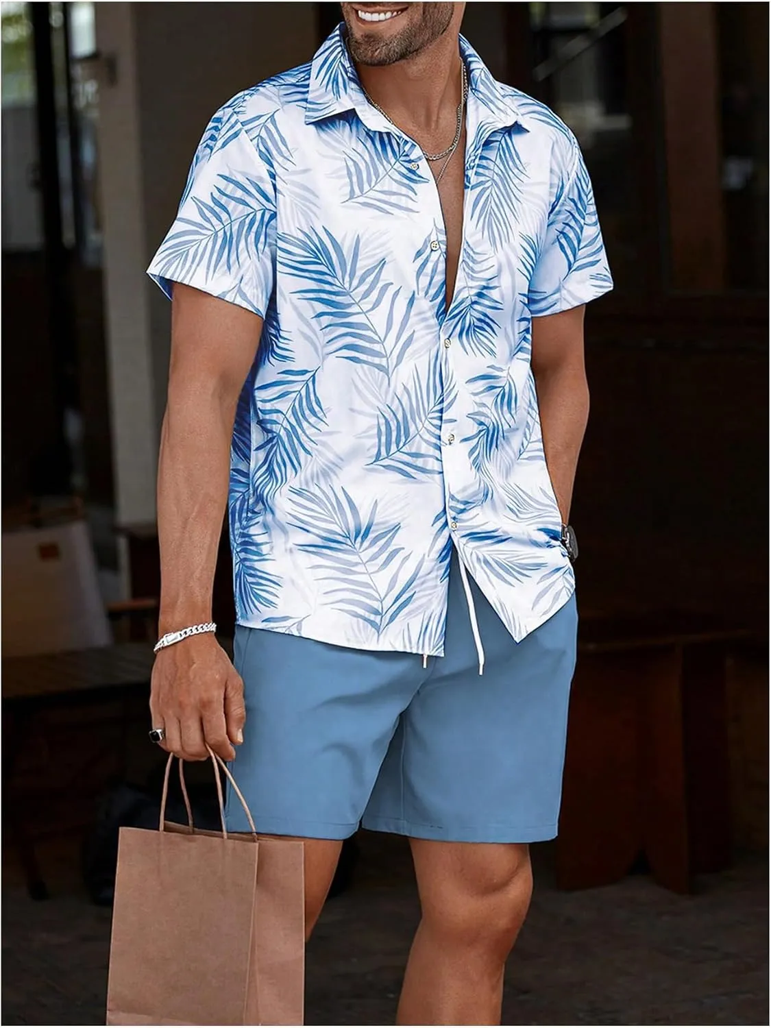 WDIRARA Men's Hawaiian Matching Set Summer Beach 2 Piece Outfits Tropical print Shirts and Shorts