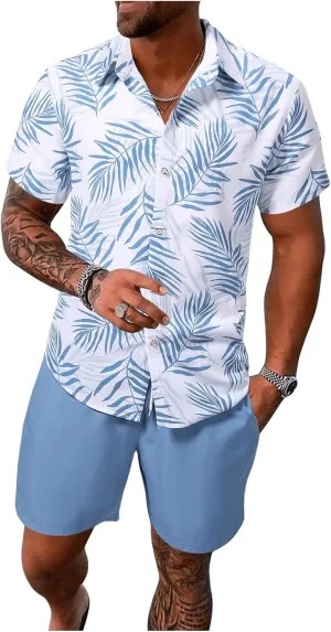 WDIRARA Men's Hawaiian Matching Set Summer Beach 2 Piece Outfits Tropical print Shirts and Shorts