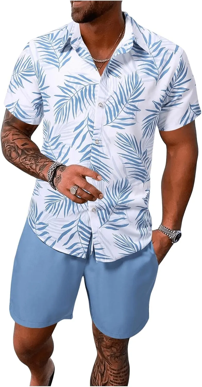 WDIRARA Men's Hawaiian Matching Set Summer Beach 2 Piece Outfits Tropical print Shirts and Shorts