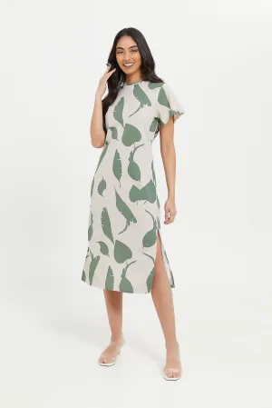 Women Beige Printed Midi Dress