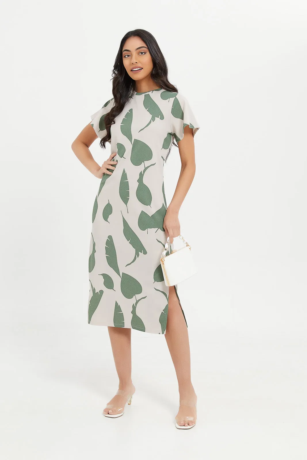 Women Beige Printed Midi Dress