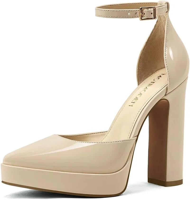 Women's Platform High Heels for Women Chunky Closed Toe Sandals Ankle Strap Buckle Block Heels Round Pointed Toe Wedding Party Comfortable Pumps Dress Shoes for Women