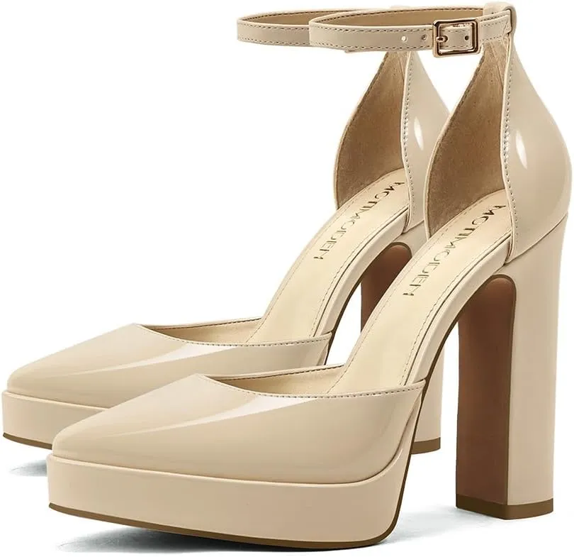 Women's Platform High Heels for Women Chunky Closed Toe Sandals Ankle Strap Buckle Block Heels Round Pointed Toe Wedding Party Comfortable Pumps Dress Shoes for Women
